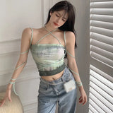 Tops Halter Bandage High Street Sexy Tank Camisole Sleeveless Harajuku Y2K Crop Tank Tie-Dye Print Slim Camis Femme