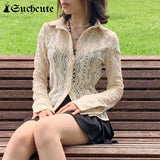 SUCHCUTE Vintage Lace Buttons Women Blouse Transparent Sexy Long Sleeve Elegant T-shirts Autumn 2021 New Streetwear Outfits