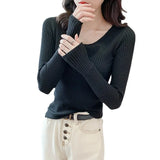 Zingj Autumn And Winter New Style Kengtiao Thin Knitted Blouse Woman V-Collar Slim Solid Color Cover Bottom