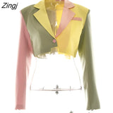Patchwork Double Layer Button Women Blazer Green Long Sleeve Short Jacket Female Autumn Notched Collar Outwear Tops