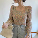 Women Blouses Liva Girl Korean Blouse Top Floral Square Collar Camisa Lantern Sleeves Sweet Versatile Chiffon