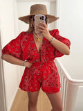 Women Red And Black Paisley Puff Sleeves Deep V-neck Jumpsuit Shorts Causal Female Elastic Waistband Vacation