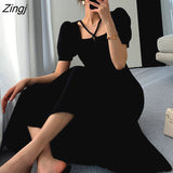 Dress Women Slim Summer Simple Square Collar Party Chic Sundress Korean Midi Daily OL Elegant Vestidos Pure Black
