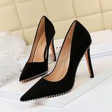 Zingj Sexy Nightclub Show Slim Ultra Thin With Fine Heel Suede Shallow Metal Chain Pointed Women's Single