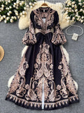 Vintage Dress Women's High-End V-Collar Lantern Sleeves Show Thin Waist Fashionable Print Forked