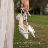 Zingj Summer New French Middle Heel Baotou Sandals Women's Thick Heels With Pearl High Heels Fairy Wedding