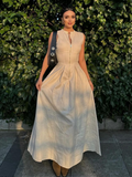 Sleeveless Spliced Zipper V-neck Maxi Dress Fashion High Waist Slim Pleated Long Dresses Summer Office Lady Street