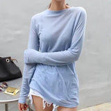 Sale 2023 New Spring Summer Basic Tops Long Sleeve Loose Thin Sexy Blue T-shirt Women Fashion Solid Color Cotton Tee