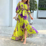 Autumn New Fashion Casual Impact Printing Splicing Pressure Folded Waist Dress Dress Dress Dress Dress
