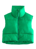 Women Fashion Brown Cropped Vest Coat Female Stand Collar Zipper Waistcoat Ladies Casual