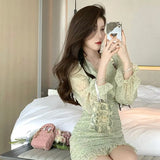 Women Mini All-match Green Print Ulzzang V-neck Casual Spring Simple Female Student Chic Club Style All-match