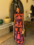 Female Vintage Printed Long Skirts Suits Chic Round Neck Sleeveless Crop Tops High Waist Skirt Set Female Street