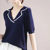 New Knitted Tees Short-sleeved Women's Lapel Pullover Vest Casual Color Contrast Tops Female Sweater Jacket