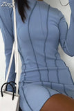 Women Autumn Ruched Casual Mini Dress 2023 Long Sleeve Round Neck Short Pencil Dress Streetwear Holiday Party