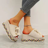 Summer New Slope Heels Color Braided Slippers Women's Large Size Straw Lace Heightened Women's High-Heeled