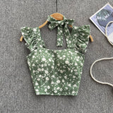 Zingj Summer Floral Strap Tops Women Square Neck Bow Ruffles Short Camisole Fashion Korean Flower Ladies Elastic Waist Top 211-0-Outfit