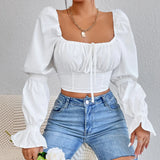 Zingj And Summer Women Pure White Long Sleeve Front Chest With Open Back Sexy Waist Shirt