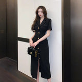 Elegant Suit Collar Midi Dresses for Women 2023 Summer New Vintage Fashion High Waist Short Sleeves Black Female