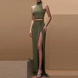 And Summer 2025 New Heavy Industry Nails Studded Neck Vest Top Open Fork Long Skirt Set Two
