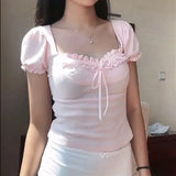 Fresh Romantic Pure Color Square Collar Bubble Sleeve Girl T-Shirt Ins Trend Slim Casual Blouse New