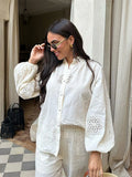 Women Solid Flower Shape Hollow Out Pants Sets Women Fashion Long Sleeve Lapel Shirt Elastic Waist Suits Casual Loose