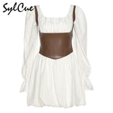 Contrast Color Slim Splicing Corset Versatile Commuter Fashion Square Neck Flared Sleeve Women's Pleated Skirt Zip
