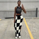 Zingj Autumn New Women's Fashion High Waist Slim Slit Wrapped Hip Checkerboard Skirt