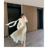French Chiffon Midi Dresses for Women Elegant Long Sleeve Slim Ruffle Dress Gentle Fairy Clothes Sweet Puffy Short