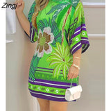 Summer Women's Mini Tropical Print Half Sleeve Casual Dress Round Neck