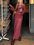 Crochet Hollow Backless Long Sleeve Cover Up Maxi Dress- Outfit