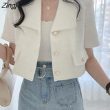 Women Single-breasted Lapel Short-sleeve Vintage Simple Elegant Office Lady Korean Style High-quality Trendy Slim