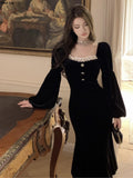 Lantern Sleeve Mermaid Party Dresses Women Elegant Vintage Lace Evening Prom Vestidos Spring Autumn Female
