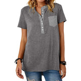 Summer V-Neck Stitching Pullover Tops Casual Short Sleeve Button T-Shirt Female Loose Pocket Comfortable Streetwear
