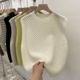 Vests Women Solid Hollow Out All-match Autumn Knitting Soft Warm O-neck Retro Fashion Loose Ulzzang Streetwear