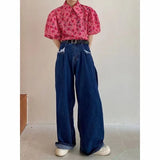 Women Vintage Streetwear Baggy Cargo Jeans High Waisted Straight Wide Leg Pants Denim Trousers Fairy Grunge Alt