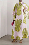 Women Vintage Print Spliced Lace Up Maxi Dress with ribbon Casual Loose V Neck Flare Sleeves Dresses Summer Lady Elegant