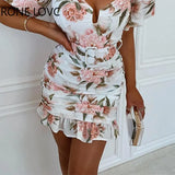 Women Chic Half Lantern Sleeves Ruffles Hem Floral Print with Belt A-line Party Mini Sexy