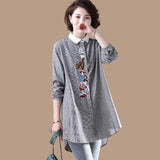 Striped Cotton Long-Sleeved Ladies' Shirt Korean Version Loose Shirt Embroidered Large Size Medium-Length