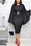 Elegant Party Dress Women 2023 Black Office Fashion Chiffon Flare Long Sleeve Sexy Bodycon Belt Ladies Autumn Midi
