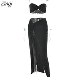 Sexy Strapless Hollow Out Women Dress White Sleeveless High Slit Dress Female Autumn Skinny Elegant Party Clubwear