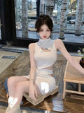 Women Two-piece Set French Pure Desire Sweet Spicy Hollow Sleeveless Backless Short Top Female Hollow Wrap Hip Slim