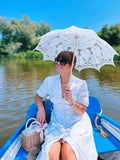 Women's Printed Single Breasted White Dress Fashion V-neck Short Sleeved Split Pleated Dresses 2024 New Ladies Vacation