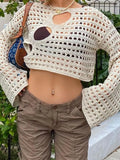 Summer See Through Mesh Smock Crop Tops Women Beach Distressed Crochet Fairycore Y2K Retro Long Sleeve T Shirt