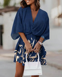 Zingj Wise Hot Style Autumn V-Collar Loose Bat Sleeve Print Dress Women's