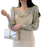 Women Blouses Liva Girl Korean Blouse Top Floral Square Collar Camisa Lantern Sleeves Sweet Versatile Chiffon