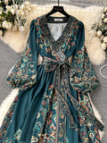 Early Spring New French High-End Style One-Piece Lace-Up Waist Printed Dress Women's Light Extravagant And Elegant
