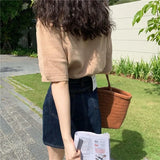 Women Solid Pockets Mini High Waist Denim All-match Korean Style College Daily Basic Design Popular Fashion Simple