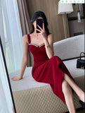 Red Midi Dresses for Women 2023 Summer French Hepburn Style Elegant Chic Prom Female Clothes Evening Party Slim