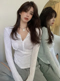 Sexy Hot Knitted T Shirt Women's Summer Tops Thin Sunscreen V-neck Short Tight White Long Sleeve Top Tshirt