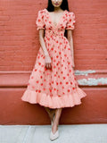 Vintage Style Sequin Strawberry Mesh Pleated Maxi